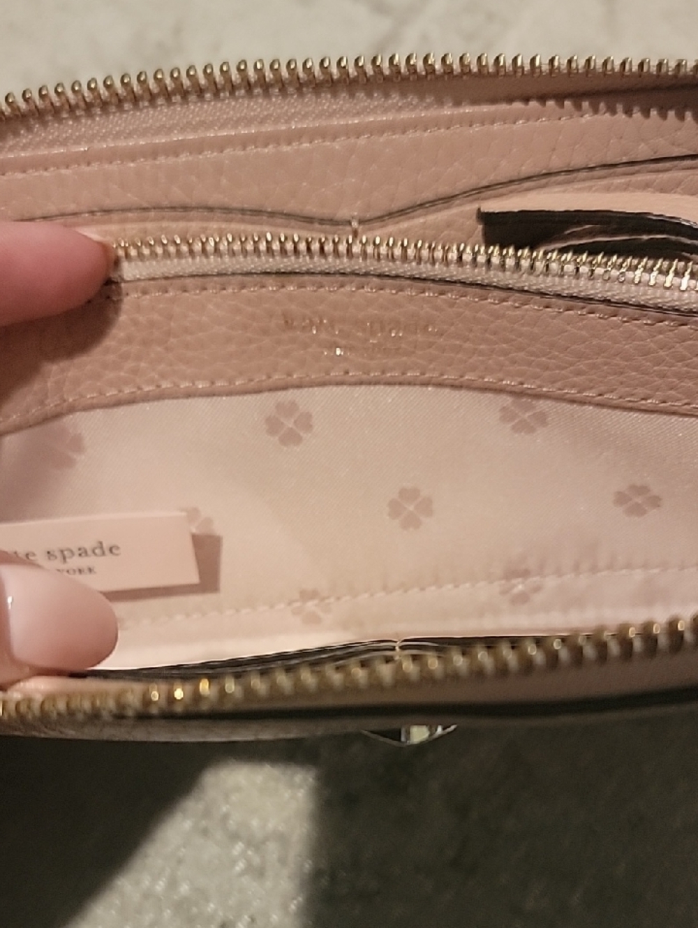 kate spade Pebbled Leather Zip Wallet in Blush Pink with Pink And Gold Spade - Picture 15 of 17
